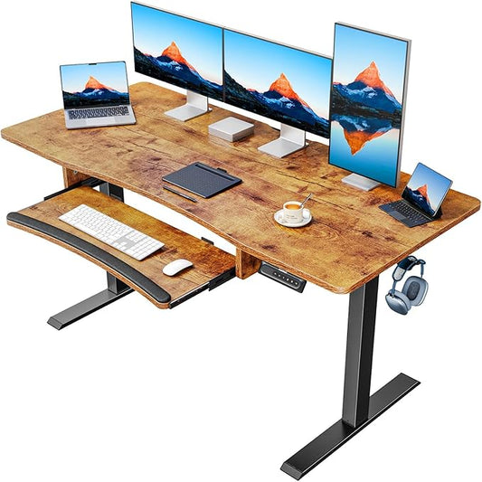 HUANUO Standing Desk Adjustable Height, 55" x 24" Electric Stand Up Desk for Home Office with Large Keyboard Tray(26.7"), 4 Memory Height Setting, Computer Workstation, Vintage