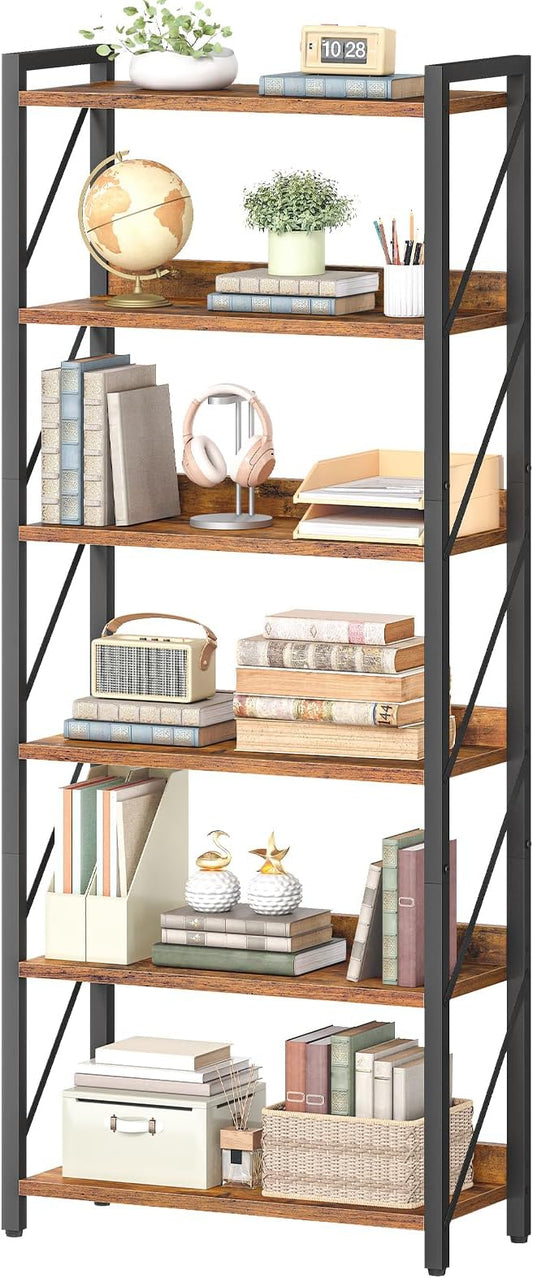 HOOBRO Bookshelf, 6-Tier Industrial Bookcase, Book Shelf Storage Organizer, Tall Bookshelf with Metal Frame for Living Room, Bedroom, Home Office, Kitchen, Rustic Brown and Black BF726SJ01