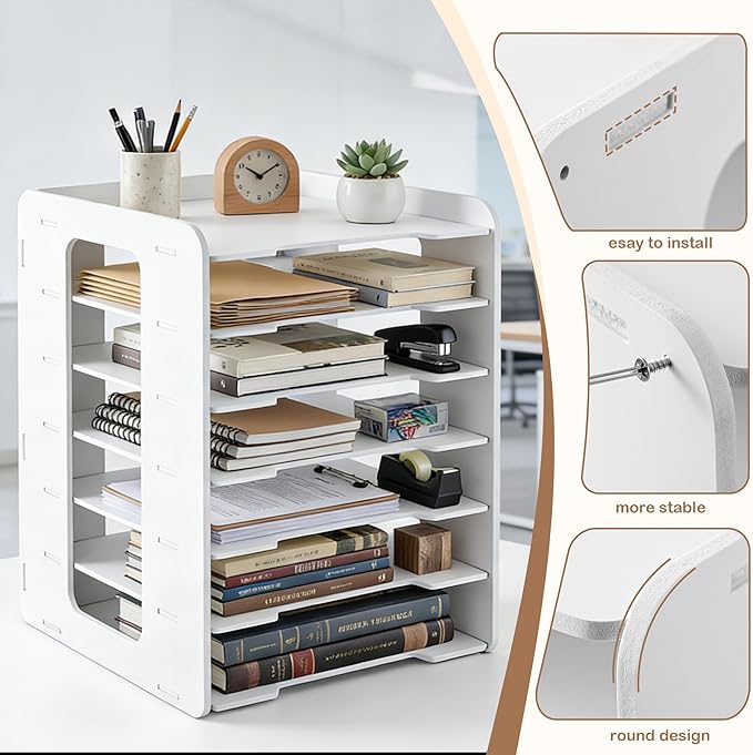 Desk Organizer, 7-Tier File Organizer for Desk, Letter Tray Paper, Desktop Document Sorter for Letter, File Folder Holder with Pen Holder for Office, Home or School- White MLT001W7