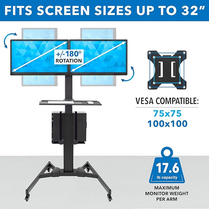 Mount-It! Dual Monitor Computer Cart – Mobile Standing Desk with Wheels, Rolling Workstation with Keyboard Tray, CPU Holder, and Adjustable Screen Mount for Office, Medical, or Warehouse