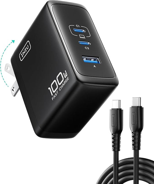 INIU USB C Charger Block, 100W GaN Fast Charging, 3-Port Compact Foldable Travel Charger with Type C Cable, Power Adapter for Mac Book Air Pro 15 14 M3, iPhone 17 16 Pro Max Samsung S26 S24, Switch 2