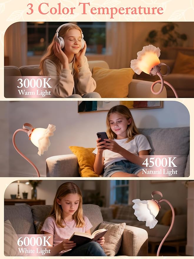 Clip on Light,Flower Desk Lamp,360°Rotation Gooseneck LED Reading Lights,Floarl Bedside Lamps,3 Colors Modes Book Lights Eye-Caring for Bedroom Bed Headboard Office Home Lighting Table Lamp(Pink)