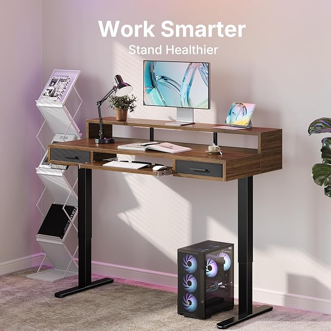 HUANUO 48″ x 26″ Electric Standing Desk with 2 Drawers &24.4″ Large Keyboard Tray, C-Clamp Mount Compatible, Adjustable Computer Desk for Office, Sit Stand Up Desk with 4 Height Presets, Deep Walnut