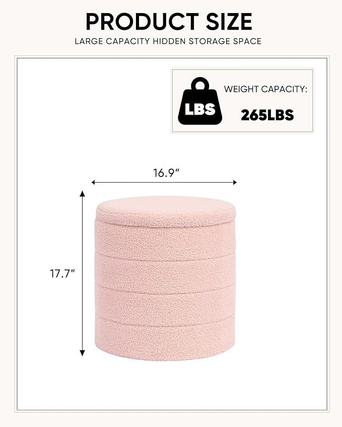 18" Tall Round Boucle Storage Ottoman, Sherpa Teddy Fabric Ottoman Footstool with Wooden Tray Reversible Lid, Folding Footrest with Storage for Living Room, Bedroom, Dorm, Pink