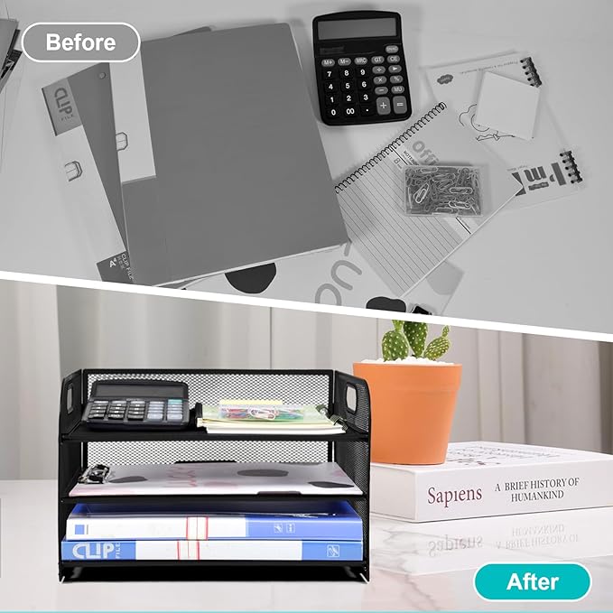 SAYEEC 3 Tier Paper Organizer Letter Tray with Handle Black Mesh Desk File Organizer with 1 Sliding Tray and 160 Paperclips Metal File Folder Holder Document Mail Paper Sorter for Office Home School