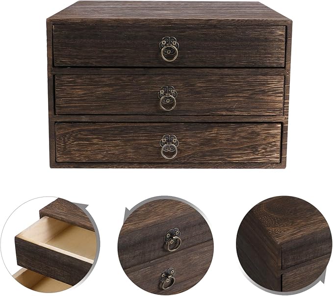 Cabilock Solid Wood Desktop Drawer Organizer with Pull Ring Vintage Retro Storage Box for Office Supplies and Home Desk Accessories 10.03X9.64X6.49 Inches