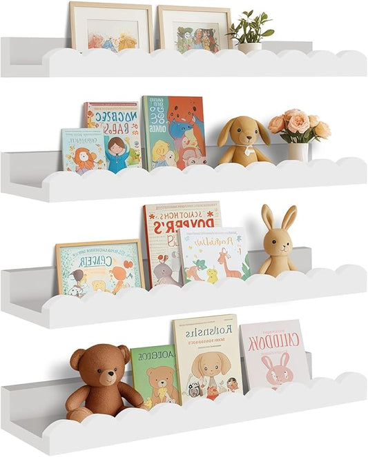 4-Pack Scalloped Shelves, Nursery Shelves for Wall, Floating Nursery Book Shelves for Kids, White