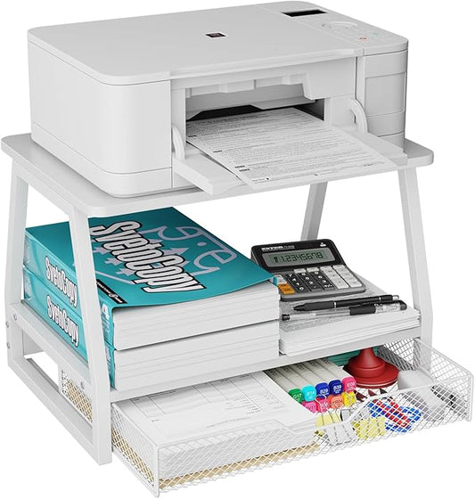 2-Tier Printer Stand with Storage, Desktop Organizer with Drawers for Printer Paper, Desk Shelf for Office and Home Printer Tables for 3D Printers‌ White