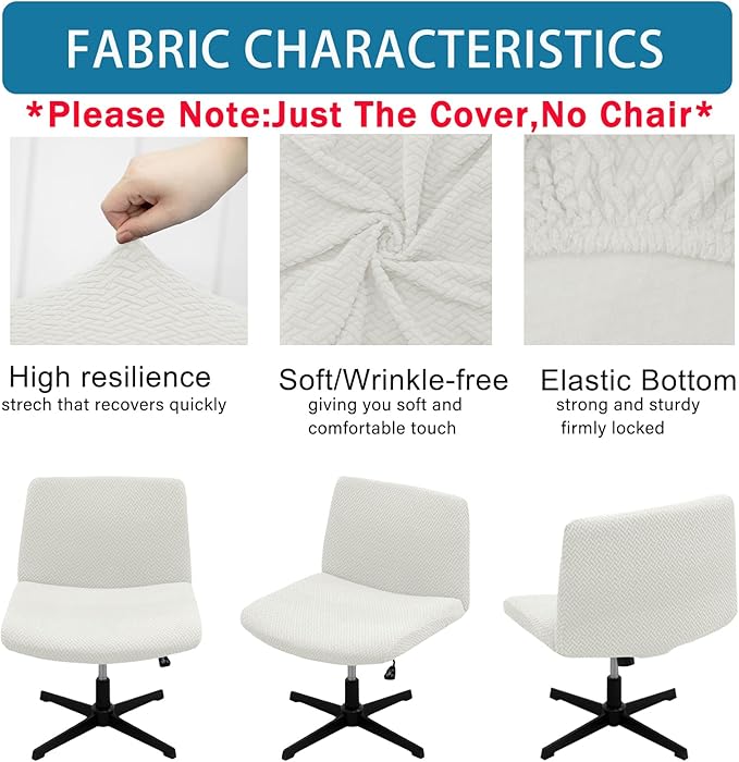 Vanity Chair Cover Criss Cross Chair Cover Waterproof and Elastic Armless Chair Slipcover Armless Chair Covers Office Chair Covers (White,Just The Cover,No Chair)