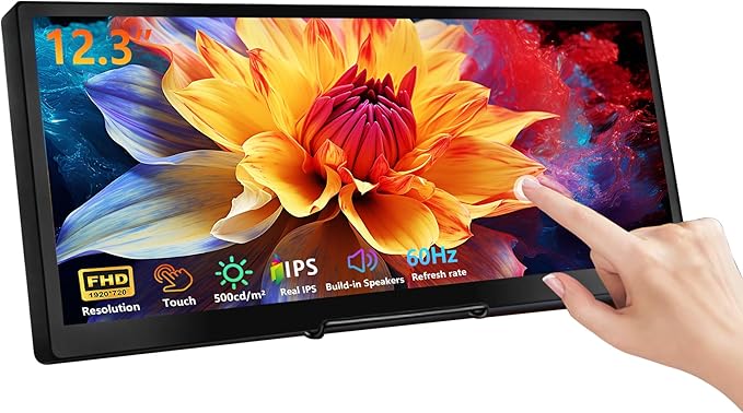 wisecoco 12.3 Inch Touch Screen Monitor IPS 1920x720 Stretched Bar LCD CNC Shell Mini Secondary Screen Portable Display HDMI for Laptop PC Temperature Aida64 GPU CPU RAM Monitoring