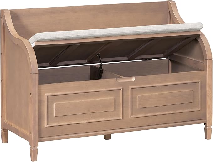 SOFTSEA 41.9" Storage Bench with Back, Entryway Shoe Bench with Cushion & Lift Top Storage, Rustic Shoe Storage Cabinet with Cushioned Seat for Entryway, Bedroom, Living Room (Brown)