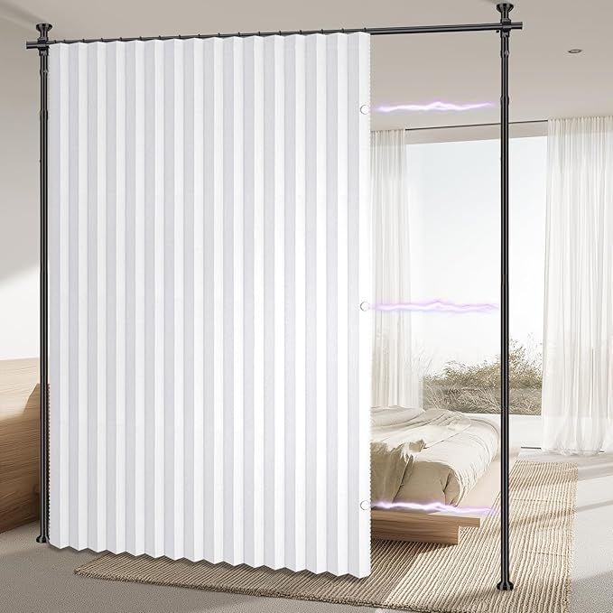 AJAZZ Privacy Curtains for Room Divider with Blackout & Soundproof (White, W100 x L96 in, 1 Panel)+ No Drill Curtain Rod(H) 43-120×(W) 35-100 in, Wall Divider for Bedroom/Studio/Office Curtain