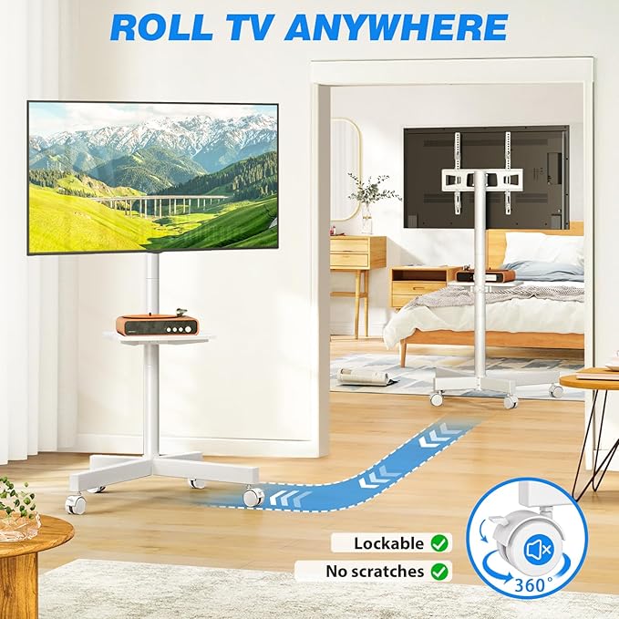 Rfiver Mobile TV Stand for 23-65 Inch LCD LED Flat/Curved Panel Screen TVs up to 88 lbs, Rolling TV Stand with Adjustable Shelf & Tilt, Portable Floor Stand on Wheels for Bedroom, Living Room, White