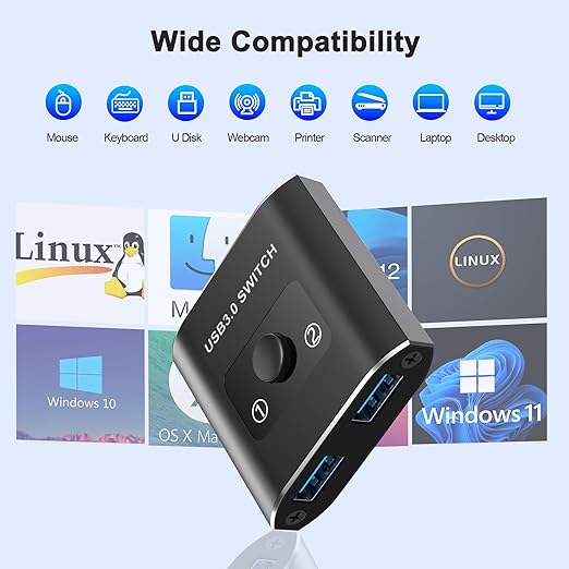 USB 3.0 Switch, Bi-Directional USB Switch 1 in 2 Out/2 in 1 Out, USB Switcher 2 Computers Sharing Devices Like for Printer, Keyboard, Scanner, Mouse, USB KVM Switch Compatible with Mac/Win/Linux
