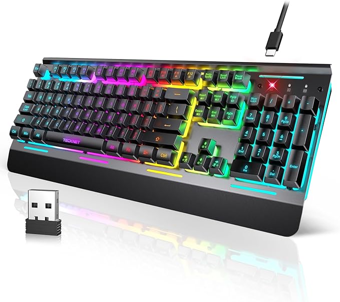 TECKNET Wireless Gaming Keyboard, 2-in-1 (2.4G Wireless & Wired) Computer Keyboard, 15-Zone RGB Keyboard, 4000mAh Rechargeable Battery, Metal Panel, PC Gaming Keyboards (Whisper Quiet Gaming Switch)