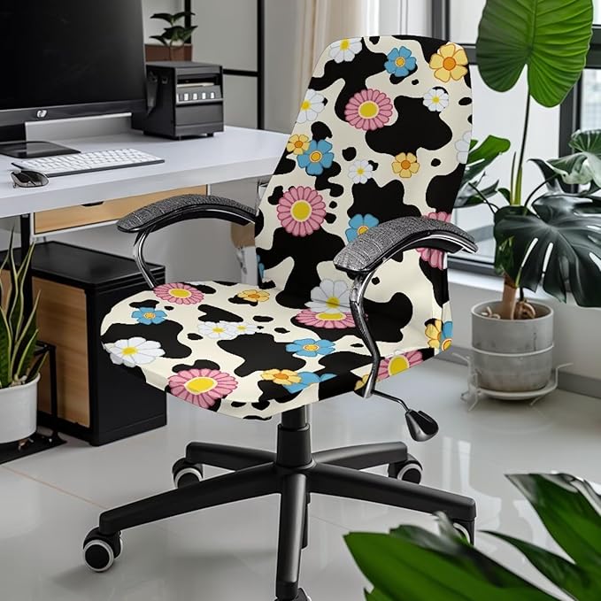 Talayituse Cow Daisy Print Computer Office Chair Covers, Soft Fit Universal Desk Rotating Chair Slipcovers, Removable Washable Anti-Dust Spandex Chair Protector Cover, S