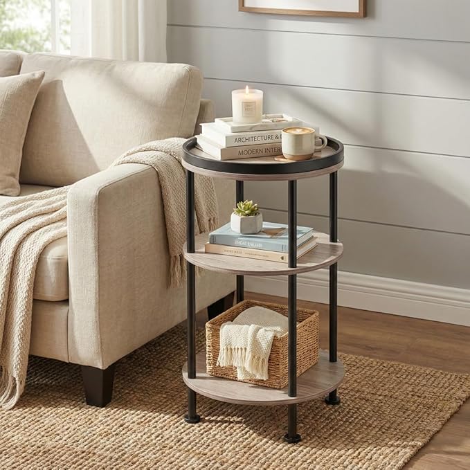 Small Round Side Table, Oak Round End Table for Living Room & Bedroom, Modern 3-Tier Nightstand with Storage Shelf, 11.8" Narrow Accent Table for Small Spaces, Nursery, Plant Stand,Natural Wood Finish