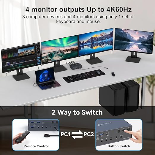 USB C KVM Switch Docking Station 3 Computers 4 Monitors for M1 M2 M3 M4 with Displaylink Technology,4K60Hz HDMI KVM Multi-Monitor Extended/Mirrored Display Out for Windows Mac