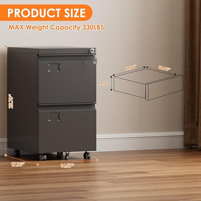 SUXXAN 2 Drawer Mobile File Cabinet with Lock, Heavy Duty Steel Under Desk Filing Cabinet for Letter/Legal Size, Anti-Tip Design with 5 Casters, Metal Storage Organizer for Home Office