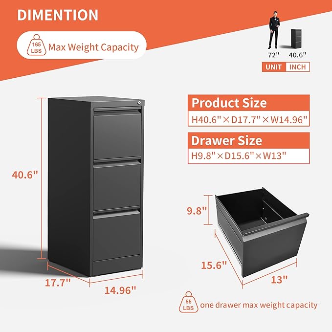 IKIMI 3 Drawer File Cabinet,Metal Filing Cabinets for Home Office,Vertical File Cabinet with Lock,Heavy Duty Metal Storage Cabinet for A4/Letter/Legal Size Files,Assembly Required