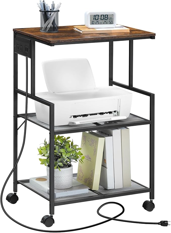MAHANCRIS Mobile Printer Stand, 3-Tier Industrial Printer Cart with Power Outlets and 2 USB Ports, Rolling Printer Table on Wheels for Home Offices Kitchen Organization Rack, Rustic Brown PTHR78E01