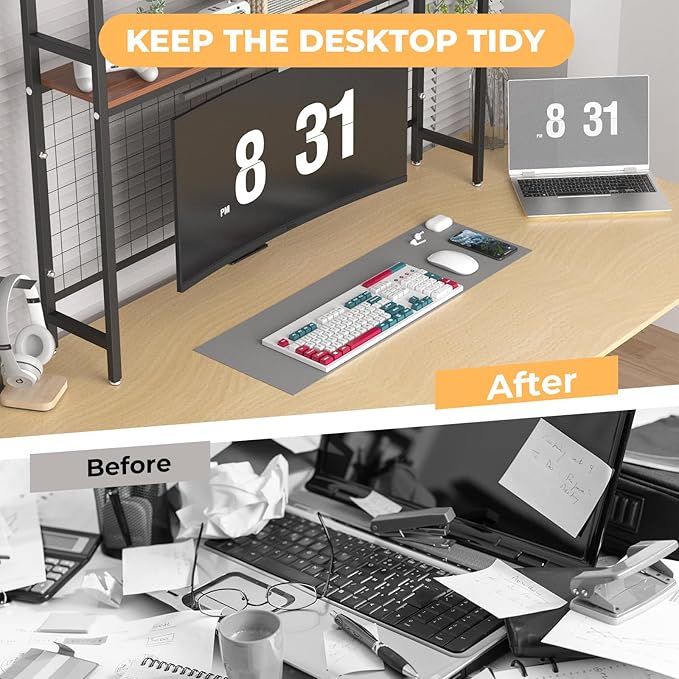 FAHKNS Desktop Bookshelf - 2-Tier Desk Book Organizer，Multifunctional Metal Desktop Bookshelf with 3 Hooks & DIY Storage Mesh for Office/Game Room/Study/Powder Room - Black