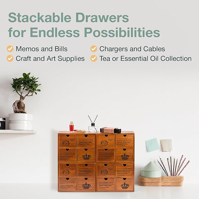 Modular Stackable Set of 4 Mahogany Brown Wood Storage Drawers for Desktop - 16-Drawer Stackable Desk Organizers - Vintage Style Office & Study Table Wooden Storage Boxes, Fully Assembled