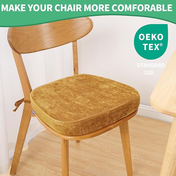 2.5" Thick Chair Cushions for Dining Chair, Corduroy Foam Kitchen Chair Pads, U Shaped Indoor Seat Cushions with Ties & Non-Slip Backing, Removable Washable Cover, 17''x16.5'', Set of 4, Yellow