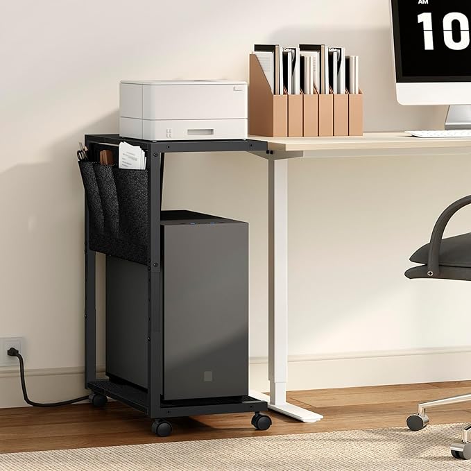 YATINEY PC Stand, Computer Tower Stand with Charging Station, Height Adjustable PC Tower Stand for Floor, 2 Tier Computer Cart On Wheels, 23.1" -29" H,19.7" L x 11" W, for Home Office, Black CJ60BB