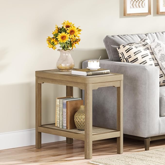 Eclatara Night Stand, Farmhouse End Table with 2 Tier Boho Rattan Shelves, Side Tables with Round Edge Design, Ultra-Thick Legs Bedside Nightstand for Bedroom, Caramel Oak