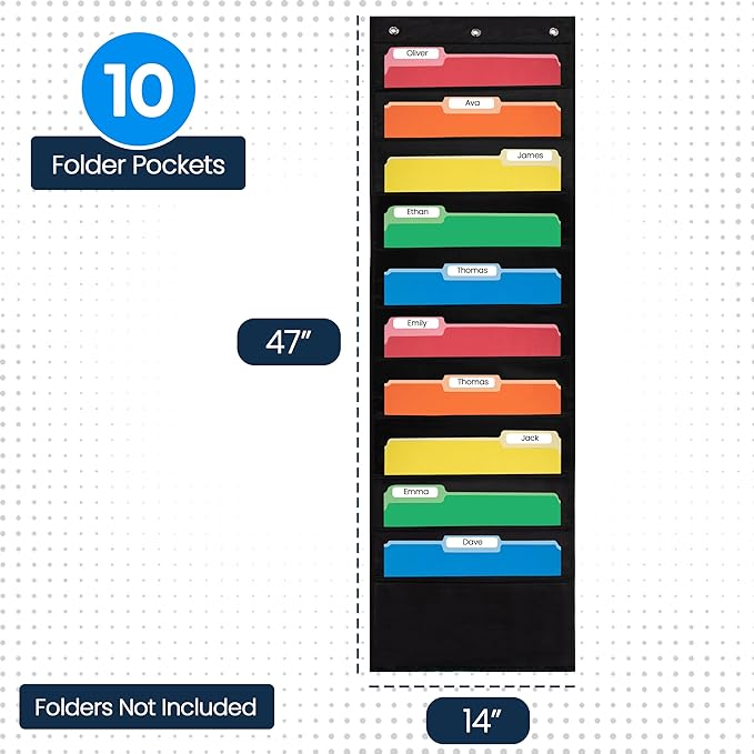 Essex Wares - 10 Pocket File Pocket Chart, Black, 14" Wide x 47" Tall - Versatile Wall Hanging File Folder Organizer for Classroom, Office, Home, and More - Wall Folder Organizer - 10 Pockets