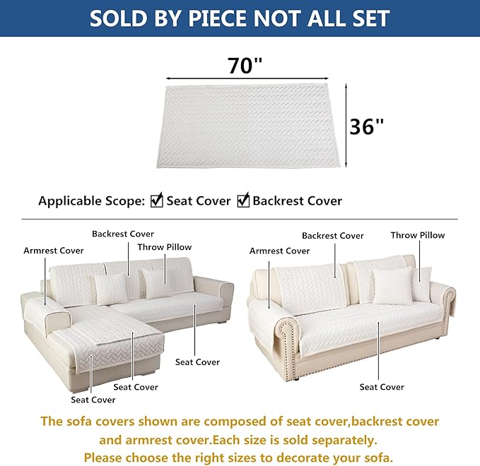 Eismodra Couch Cover,Sectional Couch Covers,Sofa Covers for 3 Cushion Couch,Anti-Slip Sofa Slipcovers for Dogs Cats Kids Loveseat Recliner L Shaped Armrest Backrest,White 36''x70''(Only 1 Piece)
