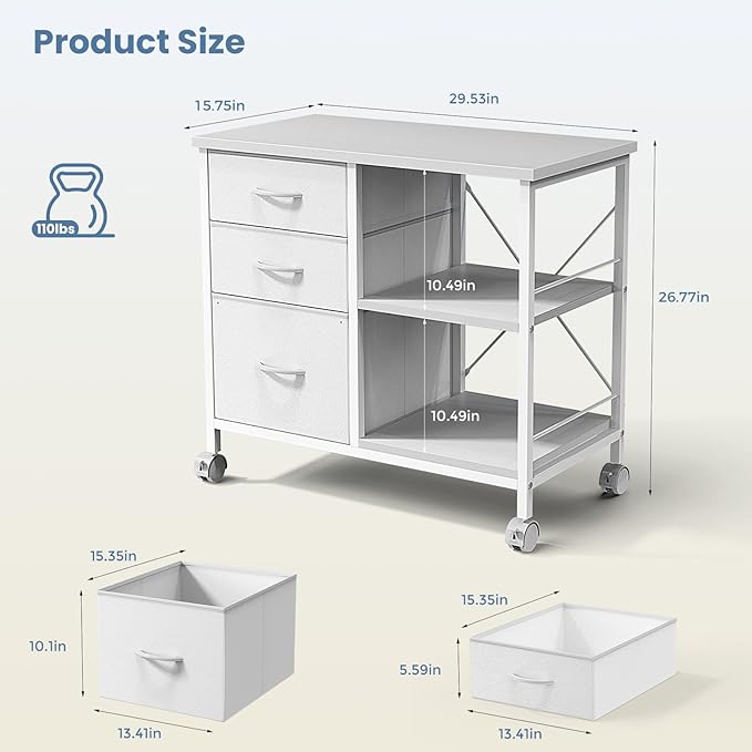 DUMOS File Cabinet, Mobile Storage Cabinet with 3 Drawers and Back Support Bar, Spacious Printer Stand with Storage Supporting 198 lbs for Home Office, White