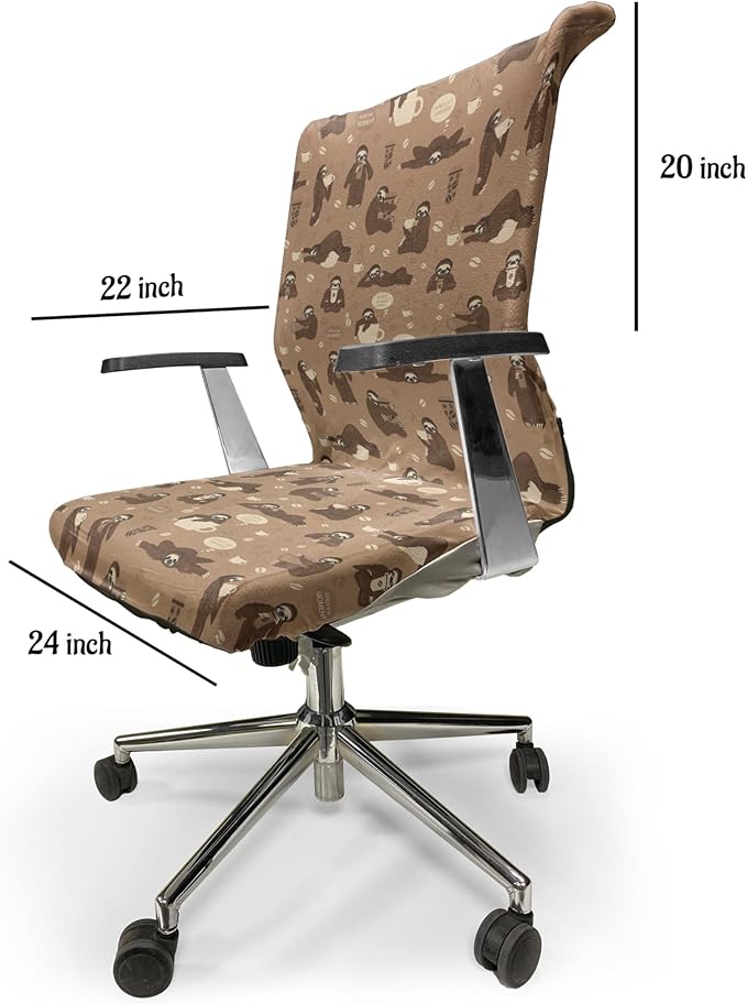 Ambesonne Funny Sloth Office Chair Cover, Whimsical Lazy Animal with Morning Coffee Poses Enjoy The Moment, Stretchable Decorative Universal Size High Back Printed Slipcover, Umber Beige