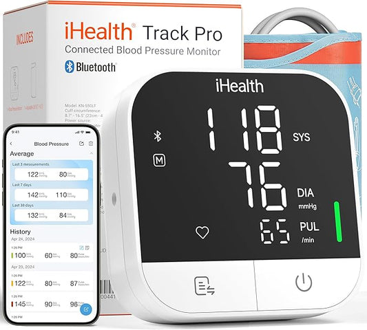 iHealth Track Pro Upper Arm Blood Pressure Monitor, Full-View LED Screen, Body & Cuff Detection, App-Enabled for iOS & Android, Adjustable Cuff Large Adults Arm Friendly