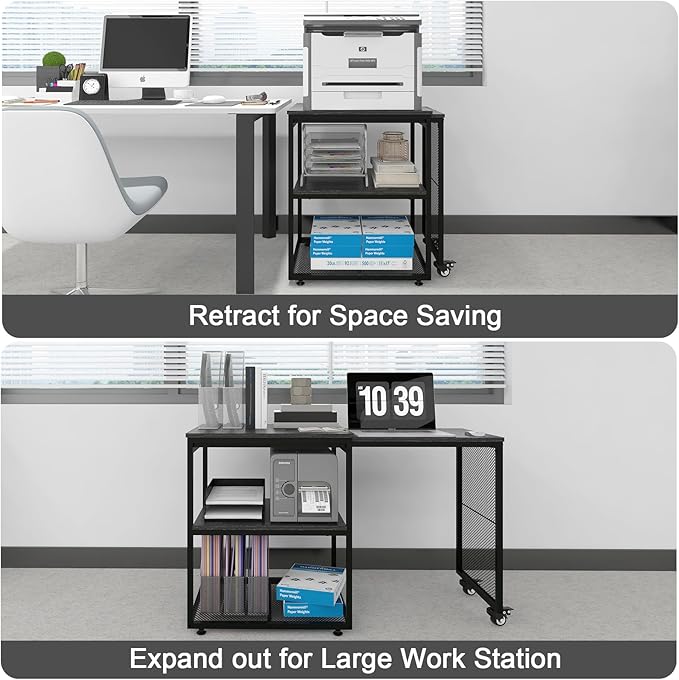 Natwind 24''x20''x29'' Large Printer Stand with Storage Shelves,Extendable Home Craft Table,Home Office Organization Desk, Versatile Table for Home Office, Kitchen, Study Room, Living Room (Black)