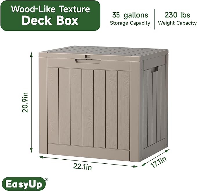 EasyUp Outdoor Storage Box, Waterproof Resin Deck Box, Reinforced Stability UV-Resistant for Patio, Garden and Poolside (Gray, 35 Gallons)
