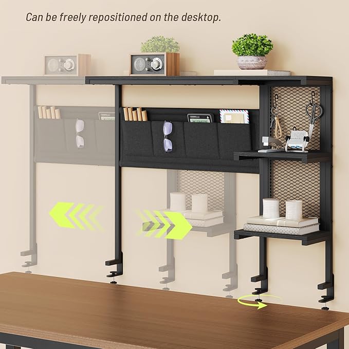 Clamp on Desk Shelf with Pegboard, Above Desk 3-Tier Extender Shelf, Desktop Bookshelf with Hooks, Desktop Organizer for Office Desk Accessories, Tabletop Storage Rack, 38.3" W x 33" H, Black