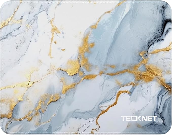 TECKNET Mouse Pad with Anti-fray Stitching, Waterproof Surface & Non-Slip Rubber Base with Stitched Edges Gaming Mouse Mat for Laptop，Compatible with Laser and Optical Mice - Grey Gold Marble