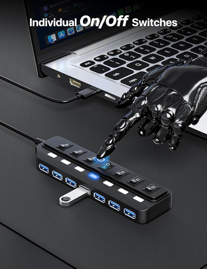 WIRWTRU USB Hub 7 Port,USB 3.0 Hub Splitter with Individual On/Off LED Switches, USB Hub for PC, 5Gbps HighSpeed Data for Laptop, Mac, PC, Desktop, PS5, Xbox and More