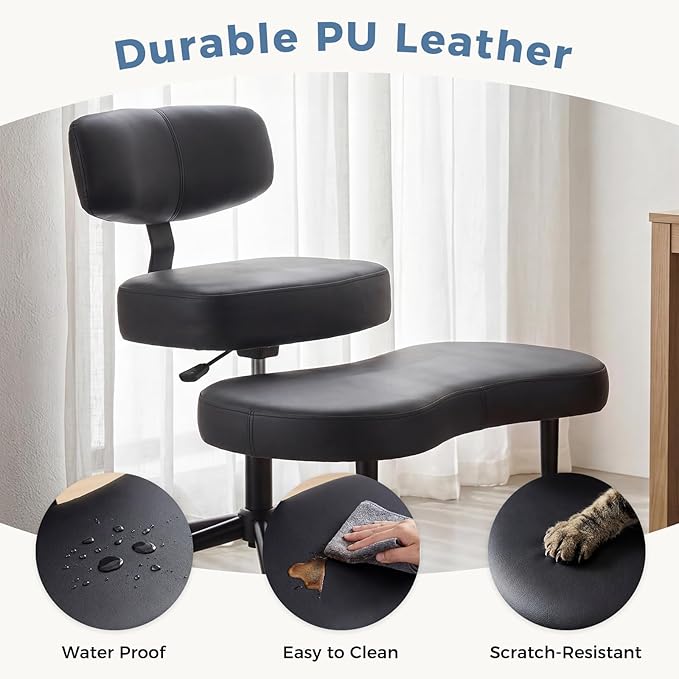 DUMOS Ergonomic ADHD Cross Legged Office Desk Chair with Adjustable Backrest, Height Adjustable Meditation Chair with 360° Swivel Footstool, PU Leather Yoga Stool for Home Office, PU Black