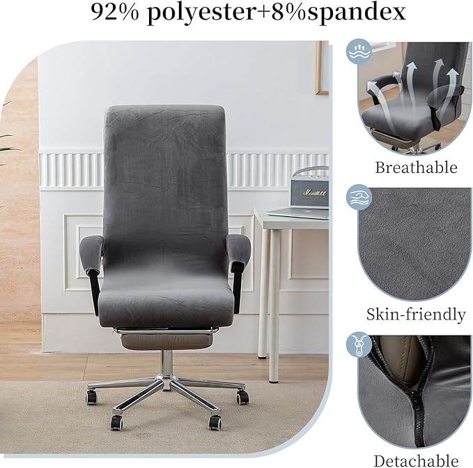 Office Chair Cover with Armrest Covers, High Resilience Velvet Fabric, Universal Fit 22-25 inch Back (Grey)