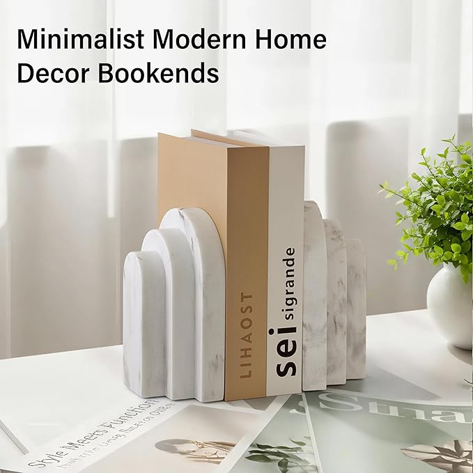 Heavy Duty Bookends for Shelves, 6.6 LBS Heavy Book Ends for Heavy Books, Decorative Modern Bookends with Faux Marble Look, Layered Arch Book Stopper for Bookshelf Holder Set of 2, Marble White