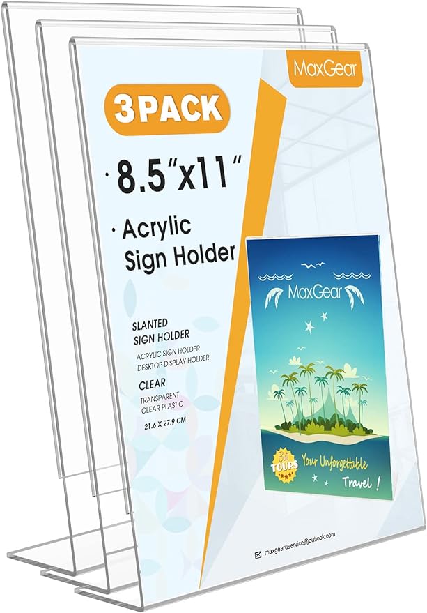 MaxGear Acrylic Sign Holder, Clear Sign Holders Plastic Display Stand 8.5 x 11 Inches Slant Back Countertop Display Picture Frames for Menus, Flyer, Use In Office, Store, 3 Pack