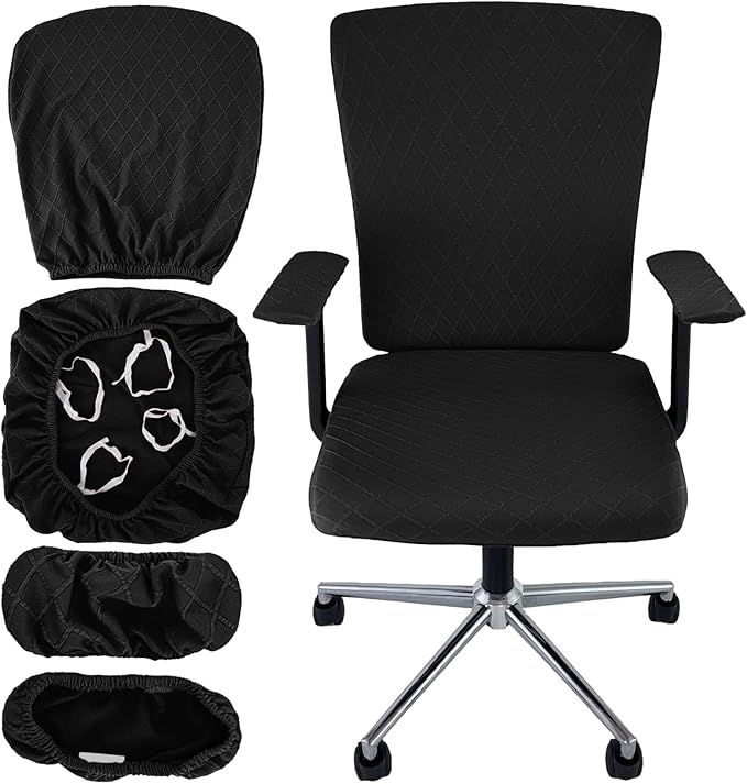 4 Pcs Office Chair Cover Set with 4 Extra Elastic Straps Universal Protective Office Chair Covers Stretchable Desk Chair Cover Office Armrest Cushion Backrest for Rotating Chair (Black)