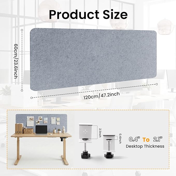 Desk Divider, Clamp On Felt Desk Privacy Panels, Acoustic Sound Absorbing Desk Partition for Office Desk, Reduce Distractions, Light Gray, 1 Pack, 24 x 48 in