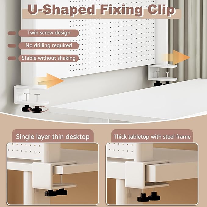 Clamp On Desk Organizer Shelf,White Desk Extender Pegboard Workstation,Computer Desk Accessories for Office, Desktop Shelving System,Desktop Bookshelf Storage Shelves for Desk,23.6in
