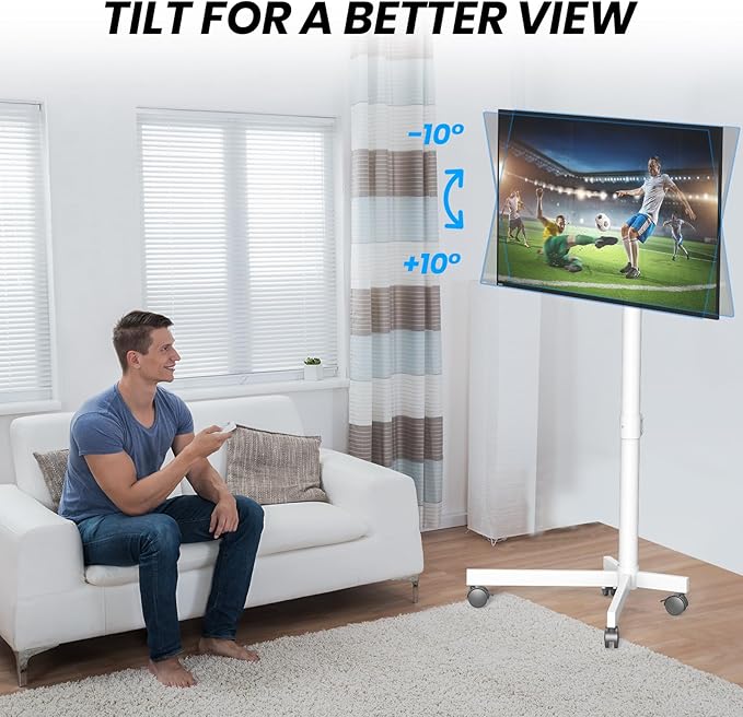 Mobile TV Cart Rolling TV Stand for 23-60 Inch LCD LED Flat Curved Screens up to 88 lbs-Height Adjustable Portable TV Stand on Wheels-Outdoor TV Stand Mount, Max VESA 400x400mm, White