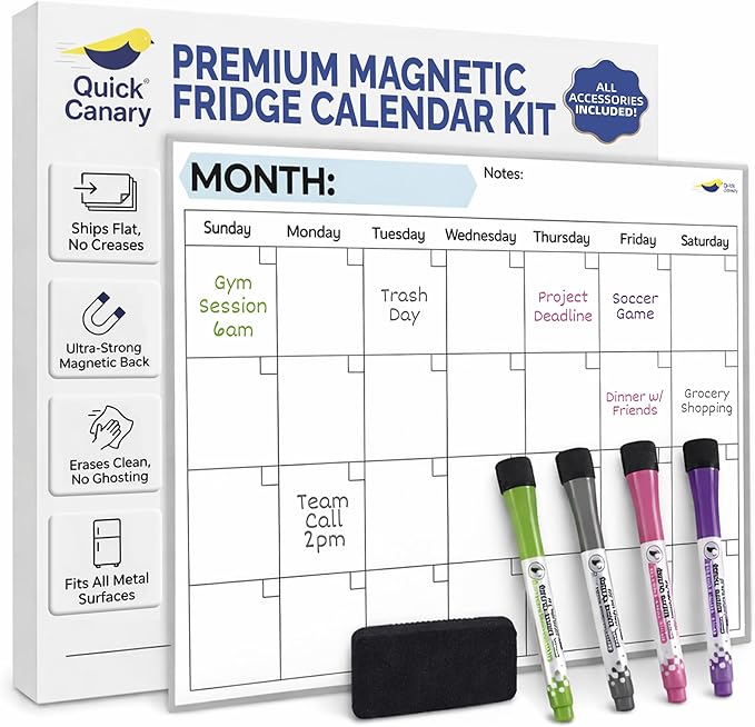 Monthly Magnetic Calendar for Refrigerator - 17x12” Stain-Resistant Dry Erase Fridge Calendar Whiteboard with Large Writing Space for Schedules, Chores & Meals - With 4 Markers & Eraser - Sunday Start