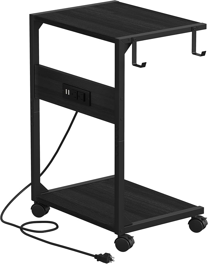 Akxomel 2 Tier Computer Tower Stand with Charging Station, 11.8" D x 16.5" W Rolling Floor PC Tower Stand Fits Under Desk, CPU Holder Cart for Carpet with Hooks, Home Office